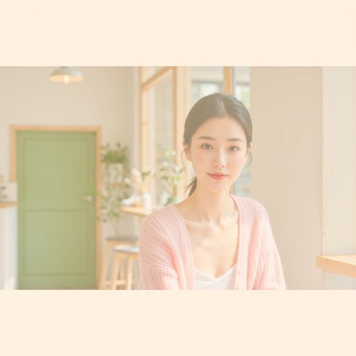 二十八岁左右女性，长发，穿粉色毛衣，正面微笑，浅绿色背景，亲和力强