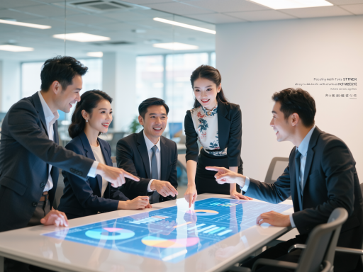 四位年轻专业人士在现代化办公室内讨论工作，其中一人正在操作电脑屏幕，展示数据分析图表，明亮自然光环境